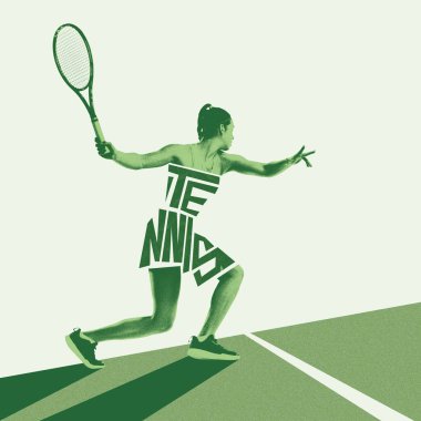 Yeşil tonlu, raketle hareket eden, odak noktasıyla oynayan final tenisçisinin yan görüş dinamik görüntüsü. Yaratıcı sanat tasarımı. Spor anlayışı, oyun, aktif yaşam tarzı. Fotokopi etkisi