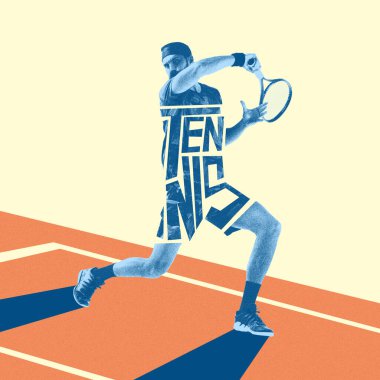 Harekete geçmiş genç bir adamın dinamik görüntüsü. Tenisçi soyut kortta güçlü bir vuruş yapıyor. Yaratıcı sanat tasarımı. Spor anlayışı, oyun, aktif yaşam tarzı. Fotokopi etkisi