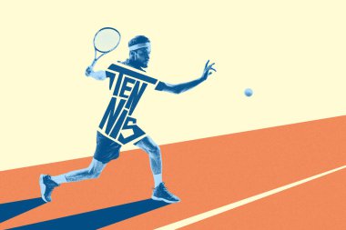 Konsantre bir adam, hareketli bir tenis atleti, soyut kortta raketle, dinamikle oynuyor, antrenman yapıyor. Yaratıcı sanat tasarımı. Spor anlayışı, oyun, aktif yaşam tarzı. Fotokopi etkisi