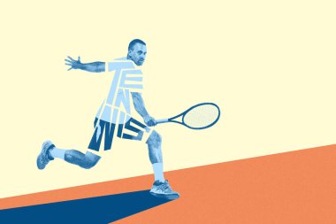 Tek renkli mavi adam, soyut renkli kortta tenis oyuncusu raket, oyun ve antrenman ile hareket ediyor. Yaratıcı sanat tasarımı. Spor anlayışı, oyun, aktif yaşam tarzı. Fotokopi etkisi