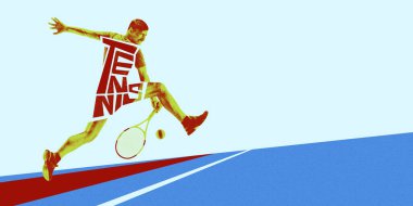 Odaklanmış adam için dinamik görüntü, tenis oyuncusu kazanmak için beceri ve motivasyon gösteriyor, antrenman yapıyor, raketle hareket ediyor. Yaratıcı sanat tasarımı. Spor anlayışı, oyun, aktif yaşam tarzı. Fotokopi etkisi