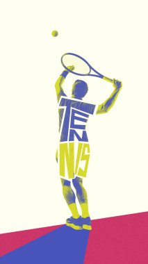 Dikey yerleşim. İnsanın arkası, maç sırasında tenis oynayan raketle top oynayan, oynayan. Yaratıcı sanat tasarımı. Spor anlayışı, oyun, aktif yaşam tarzı. Fotokopi etkisi
