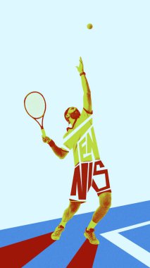 Dikey yerleşim. Sakallı, odaklanmış bir adam, maç sırasında tenis oynayan, raketle top oynayan biri. Yaratıcı sanat tasarımı. Spor anlayışı, oyun, aktif yaşam tarzı. Fotokopi etkisi