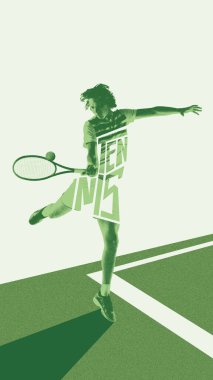 Genç bir adamın dinamik görüntüsü, soyut kortta hareket eden bir tenis oyuncusu, raketle oynayan, topa vuran. Yeşil renkler. Yaratıcı sanat tasarımı. Spor anlayışı, oyun, aktif yaşam tarzı. Fotokopi etkisi