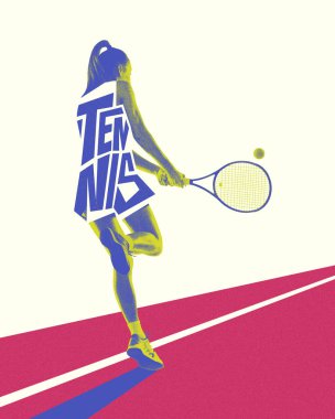 Arka planda genç bir kadının dinamik görüntüsü, soyut pembe korttaki tenis oyuncusu raketle, eğitimle, çalışmayla hareket ediyor. Yaratıcı sanat tasarımı. Spor anlayışı, oyun, aktif yaşam tarzı. Fotokopi etkisi