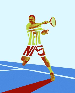Yoğunlaşmış ve kararlı bir adamın ön görüntüsü, tenis oyuncusu raketle hareket ediyor, güçlü vuruşlar yapıyor. Yaratıcı sanat tasarımı. Spor anlayışı, oyun, aktif yaşam tarzı. Fotokopi etkisi