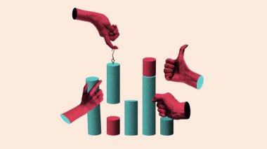 Takım çalışması yapan ellerin kavramsal illüstrasyonu, bar şeması oluşturmak için silindirleri istifleme. Hareket etmeyi, animasyonu durdurun. Fotokopi etkisi. Büyüme kavramı, işbirliği, iş, takım çalışması, analitik