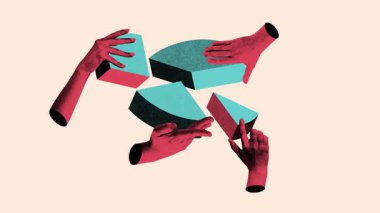 Parçalı pasta grafiğini birleştiren ellerle takım çalışması. Fotokopi stili. Hareket etmeyi, animasyonu durdurun. Görev, analitik, kolektif çaba ve yapılandırılmış işbirliği kavramı.