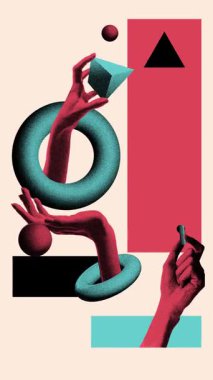 Hareket etmeyi, animasyonu durdurun. Eller geometrik şekillerle etkileşime girer, dinamik bileşim oluşturur. Fotokopi efektli soyut sanat. Takım çalışması kavramı, iş, strateji, analitik. Dikey yerleşim