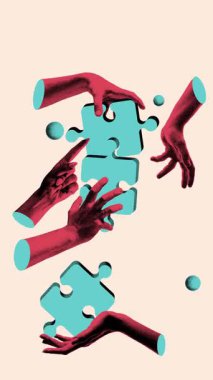 Gerçeküstü, soyut uzayda bulmaca parçalarını birleştiren çoklu eller işbirliğini vurguluyor. Hareket etmeyi, animasyonu durdurun. Fotokopi etkisi. İş kavramı, takım çalışması, strateji ve başarı