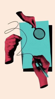 Hareket etmeyi, animasyonu durdurun. Araştırma ve yaratıcılık. Ellerinde büyüteç ve kalem olması hassasiyeti sembolize eder. Strateji geliştirme ve planlama. Fotokopi etkisi. İş anlayışı, takım çalışması