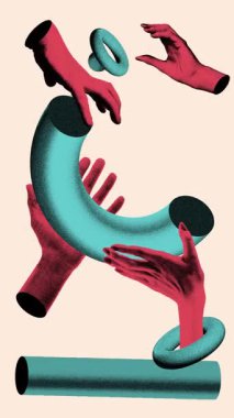 Hareket etmeyi, animasyonu durdurun. Eller halkaları ve silindirleri birbirine bağlar, soyut yapılar oluşturur. Soyut sanat. Fotokopi etkisi. Organize takım çalışması, iş, işbirliği, strateji, proje kavramı