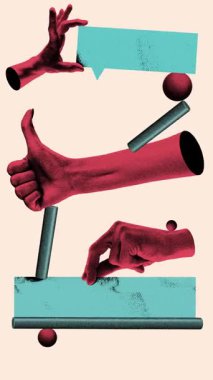 Çoklu eller şekilleri ve konuşma baloncuklarını düzenler. Verimli iletişim ve pazarlama stratejisi. Hareket etmeyi, animasyonu durdurun. Fotokopi etkisi. İş anlayışı, takım çalışması, işbirliği