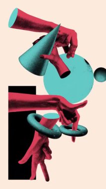 Çoklu eller geometrik şekillerle etkileşime girer, dinamik takım çalışmasını ve işbirliğini tasvir eder. Hareket etmeyi, animasyonu durdurun. Fotokopi etkisi. İş, mimari, pazarlama kavramı