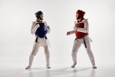 Kırmızı ve mavi üniformalı iki genç bayan tekvando dövüşçüsü beyaz stüdyo arka planına karşı yüz yüze duruyorlar. Dövüş sanatları kavramı, tekvando, dövüş sporu, odaklanma, güç, eğitim