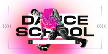 Pembe tişörtlü break dansçı gradyan fon ve dans okulu unvanına karşı enerjiyle dans ediyor. Gençlik kültürü kavramı, modern dans, arayüz, eğitim. Poster tasarımı, web tasarımı