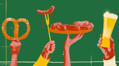 Hareket etmeyi, animasyonu durdurun. Birden fazla el simit, sosisli çatal, bir tabak sosis ve yeşil arka planda köpüklü bir bardak bira tutuyor. Bira, parti, kutlama, festival konsepti