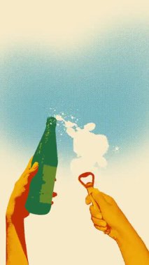Hareket etmeyi, animasyonu durdurun. Yeşil bira şişesini açarken mavi ve sarı arka planda köpük püskürtülmüş. Bira, parti, kutlama, festival, eğlence kavramı