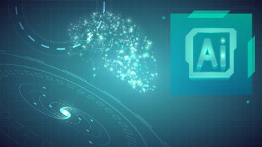 Sinir ağı, birbiriyle bağlantılı noktalardan oluşan beyin benzeri yapı, yapay zeka simgesinin yanında konumlanmış. Yapay zeka ve makine öğrenme süreçlerinin karmaşık doğası. Vektör illüstrasyonu