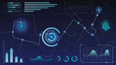 Parlak grafikler, zaman çizelgesi, dijital radar ve coğrafi analiz elementleriyle geleceksel veri arayüzü. Yenilik kavramı, yapay zeka, analitik, siber iş. Vektör illüstrasyonu.