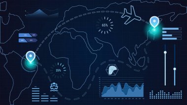 Bar çizelgeleri ve dairesel ölçümlerle hava ve deniz nakil yollarını gösteren bilgi tarzı lojistik harita. Küresel ticaret kavramı, veri analizi, lojistik, ulaşım. Vektör illüstrasyonu.