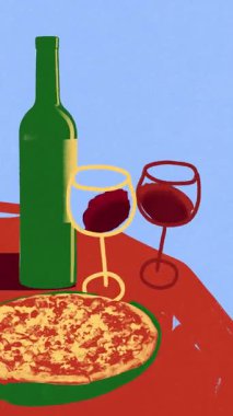 Yeşil şarap şişesi ve iki kadeh kırmızı şarap koyu kırmızı ve mavi arka planda pizzanın yanında oturur. Hareket etmeyi, animasyonu durdurun. Pop sanat tasarımı. İçki, şarap, zevk, parti, şarap kültürü kavramı