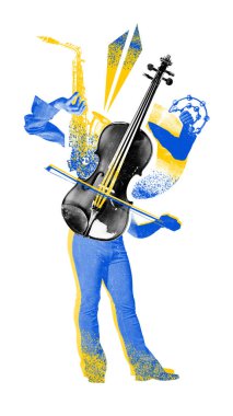 Sarı-mavi tonlarda keman, tef ve saksafondan yapılmış bir müzisyen figürü, klasik ve sokak müziğinin ahengi sergiliyor. Müzik, festival, sürrealizm, yaratıcı poster, reklamlar