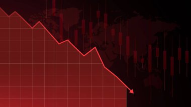 Küresel harita üzerinde kırmızı çizginin dibe çökmesi finansal çöküşü ve geri dönüşü olmayan ekonomik krizi sembolize ediyor. Ekonomik kriz kavramı. Vektör illüstrasyonu