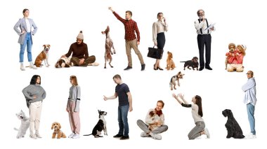 Farklı insanların kolajı, erkek, kadın ve çocukların ayakta durması, oturması, çeşitli cinslerden köpeklerle etkileşimi beyaz arka plana karşı. İnsan hayvan bağı kavramı, özen
