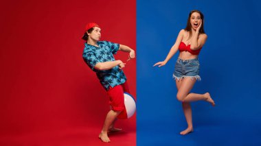 Garip yaz sahnesinde adamın biri kırmızı topa karşı plaj topuyla şaşırmış bir kadını işaret ediyor. İnsan duyguları, ilişkisi, yaşam tarzı kavramı.