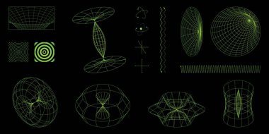 Parlayan yeşil kablo, matematiksel yapılar, kuantum dalga biçimleri, yörüngesel desenler ve karanlık arka planda enerji şebekeleri. - Bilim. Modern estetik, minimalist sanat. Modern posterler için vektör tasarımı.
