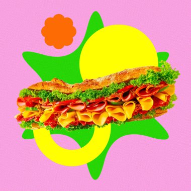 Uzun sandviçler, marul, peynir, gerçek üstü pembe, yeşil, sarı arka plan üzerine sıralanmış et. Lezzetli fast food menüsü. Yemek kavramı, pop sanatı, poster, reklam. Çağdaş sanat kolajı.