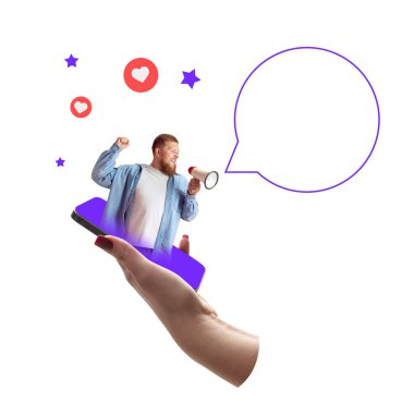 Sakallı bir adam akıllı telefondan dışarı adımlar atıyor. Kalpleri ve yıldızları kalın dijital kolajla çevrili. Olumlu geri bildirim. Tanıklık, pazarlama, iş anlayışı. Çağdaş sanat
