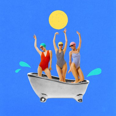 Mayo giymiş üç kadın yüzen küvetin içinde mavi arka planda dans ediyor. Çağdaş sanat kolajı. Yaz kavramı, tatil, sürrealizm, yaratıcı tasarım, parti, kutlama