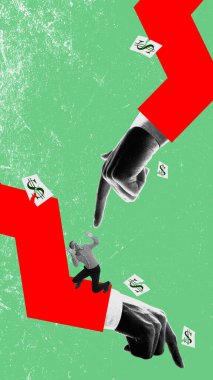 Kırmızı okun oluşturduğu elleri işaret eden adam ekonomik güçler tarafından sıkıldığını simgeliyor. Finansal kayıp. Kriz kavramı, finans, ekonomi, küresel kriz. Fotokopi etkisi