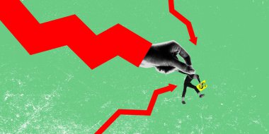 İşadamı, elinde dolar sembolü olan mali istikrarsızlığı temsil eden bir kağıt tutarken Red Arrow tarafından sürüklendi. Kavramsal tasarım. Kriz kavramı, finans, ekonomi, küresel kriz. Fotokopi etkisi