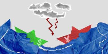 Dolar ve Yuan tekneleri fırtınalı denizde kırmızı yıldırımın altında ticari gerilimi simgeleyen buluttan çarpışıyorlar. Kavramsal tasarım. Panama Kanalı sorunu. İş kavramı, ekonomik sorun, lojistik, ticaret