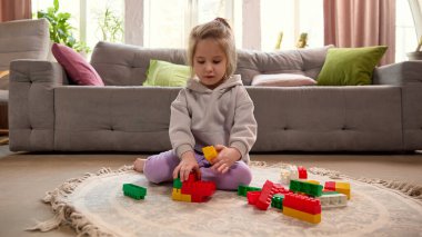 Genç bir çocuk halıda oturuyor ve rengarenk blokları olan bir binada çalışıyor. Çocukluk aktiviteleri yaratıcı oyun, gelişme ve hayal gücüne odaklandı. Çocukluk kavramı, gelişme