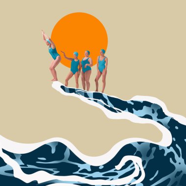 Mavi mayo ve yüzme şapkalı bir grup kadın ayakta duruyor ve el şeklinde bir dalgada poz veriyorlar, arkasında da büyük turuncu bir güneş var. Yaz kavramı, tatil, sürrealizm. Dijital sanat eserleri.
