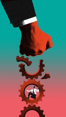 Kırık makinelerin üstünde kırmızı elle ezilmiş bir adam var. Çağdaş sanat kolajı. Dünya krizi kavramı, iş dünyası, bozuk sistemler, ekonomik çöküş. Fotokopi etkisi.