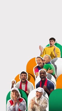 Taraftarlar renkli tribünlerde alkışlıyor, sarılıyor ve tezahürat yapıyor, spor müsabakalarında neşe ve birlik gösteriyorlar. Spor, oyun, rekabet, duygular, destek kavramı. Bileşik kolaj