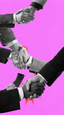 Hareket etmeyi, animasyonu durdurun. Kavramsal tasarım. Zincirleme reaksiyon oluşturan birden fazla el sıkışma. Başarılı bir işbirliği, güçlü ilişkiler, takım çalışması. İş kavramı, anlaşmalar ve iletişim