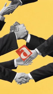 Hareket etmeyi, animasyonu durdurun. Dinamik el sıkışma düzenleme kodlama anlaşması. Ortaklık, bağlantı, iş birliği. İş anlayışı, müzakere, iletişim ve başarı. Kavramsal tasarım.