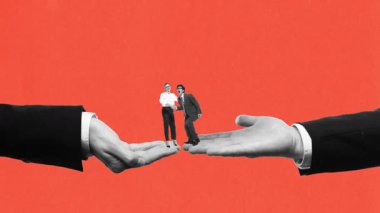 Hareket etmeyi, animasyonu durdurun. Kavramsal tasarım. Başarılı bir iş görüşmesi ve anlaşma. Güçlü ortaklığı kutlayan iki meslektaş. İş kavramı, takım çalışması, liderlik, işbirliği.