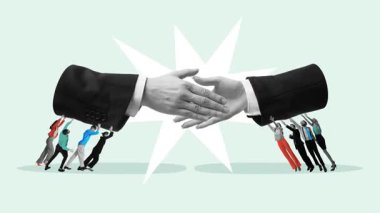 Hareket etmeyi, animasyonu durdurun. İş adamları tokalaşmayı destekliyor, takım çalışmasını, pazarlığı ve işbirliğini vurguluyor. İşbirliği için metafor, stratejik ittifaklar İş ve Ortaklık kavramı.