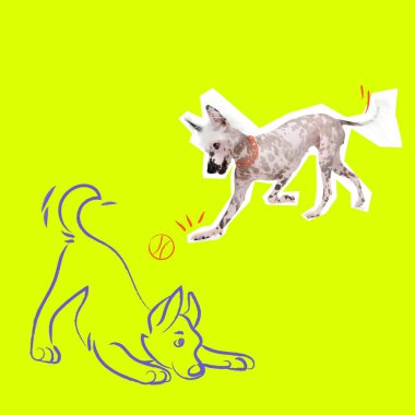 Köpek neon sarısı arka planda çizilmiş yavru köpeğe doğru neşeli bir şekilde zıplıyor. Elle çizilmiş cesur renkli bir poster. Hayvan konsepti, oyun, duygu, hareket, arkadaşlık, veteriner hizmeti