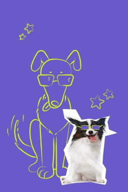Köpek mor arka planda çizilmiş halinin yanında gözlük takıyor. Dijital sanat kolajı. Elle çizilmiş cesur renkli bir poster. Hayvanların konsepti, moda, mizah, hayvan bakımı, tasarım.