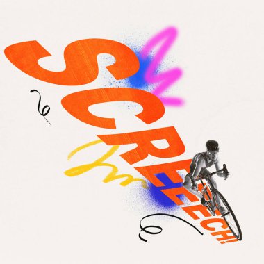 Cırtlak dönüş, bisikletçinin graffiti patlamaları ve katmanlı hareketle patlayan kalın ScreREECH yazısıyla sert köşeyi oyduğu anı dondurur. Çağdaş sanat kolajı. Spor anlayışı, güç, disiplin