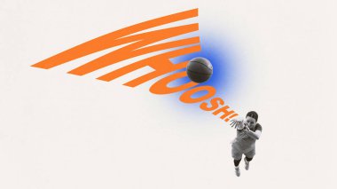 Basketbolcu sahada hızlı şut çekiyor, gerilmiş WHOOSH harfleri ile topu dinamik bir şekilde takip ediyor. Çağdaş sanat kolajı. Spor müsabakası kavramı, güç, kararlılık, disiplin
