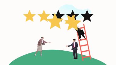 İnsanlar derecelendirme yıldızları yerleştiriyor. Animasyon. Hizmet geliştirme ve müşteri algısında geri bildirim rolünü gösteren toplu değerlendirme ve tescil etkisi. Takım çalışması kavramı, güven. 2 model